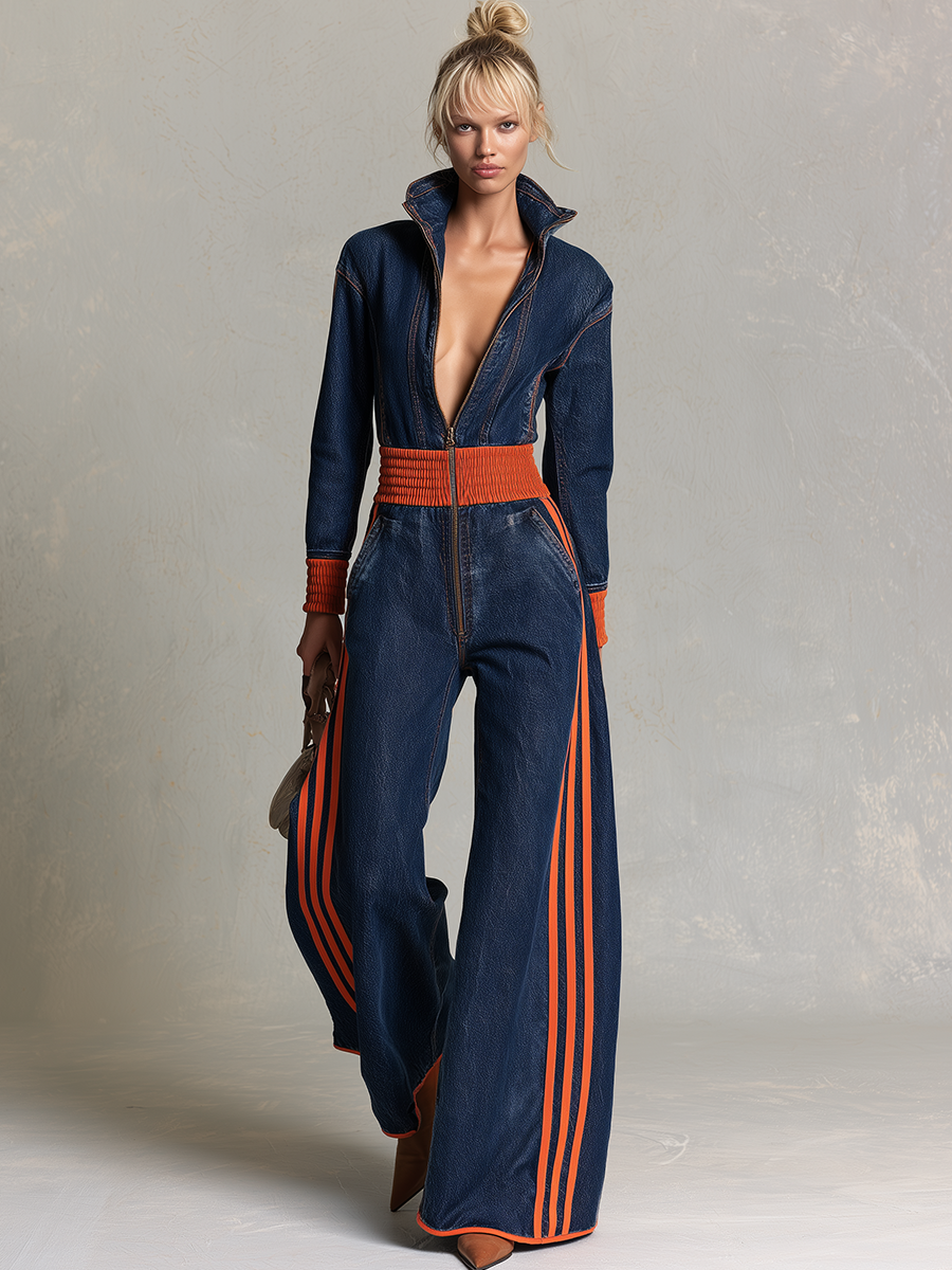 Retro Sporty Orange Stripe Plunge Zip Front Wide Leg Denim Jumpsuit