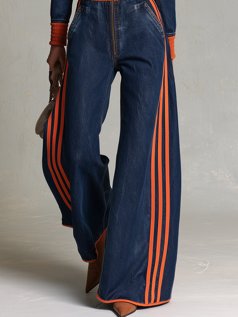 Retro Sporty Orange Stripe Plunge Zip Front Wide Leg Denim Jumpsuit