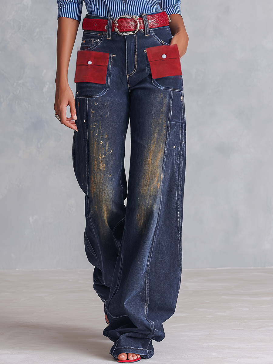 Vintage Western Red Suede Pocket Dark Wash High Rise Wide Leg Jeans