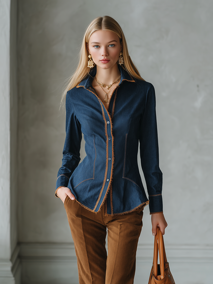 Vintage Western Fringe Trim Fitted Button Up Dark Wash Denim Shirt