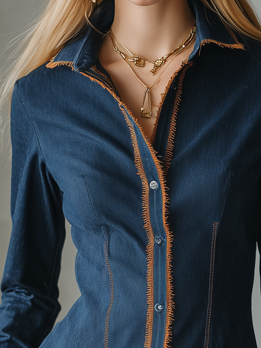 Vintage Western Fringe Trim Fitted Button Up Dark Wash Denim Shirt
