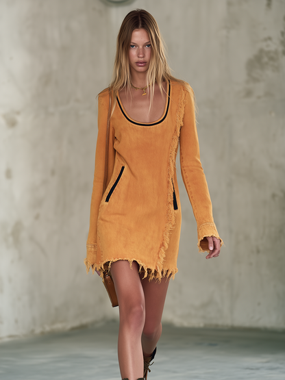 Boho Chic Mustard Frayed Fringe Scoop Neck Long Sleeve Denim Mini Dress