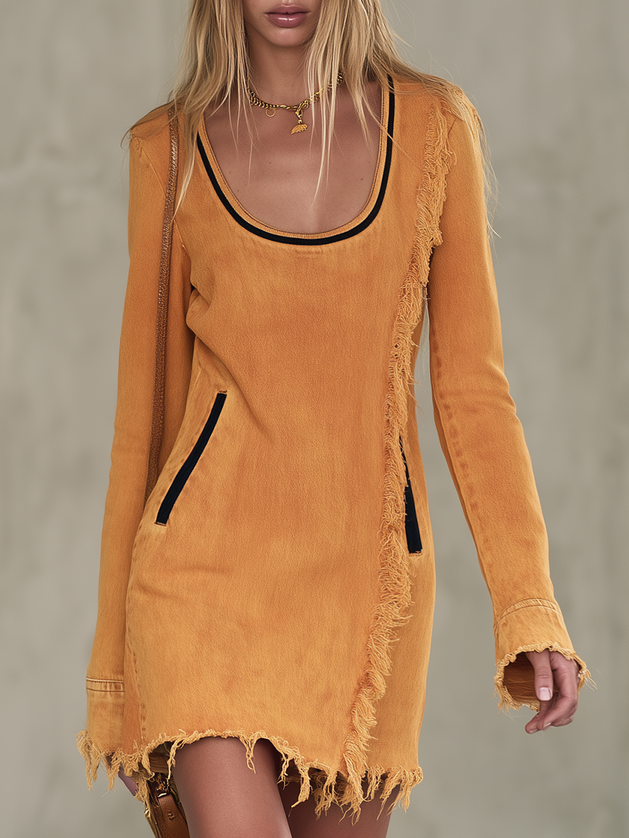 Boho Chic Mustard Frayed Fringe Scoop Neck Long Sleeve Denim Mini Dress
