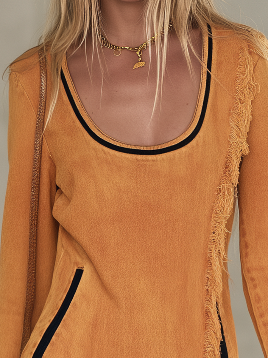 Boho Chic Mustard Frayed Fringe Scoop Neck Long Sleeve Denim Mini Dress