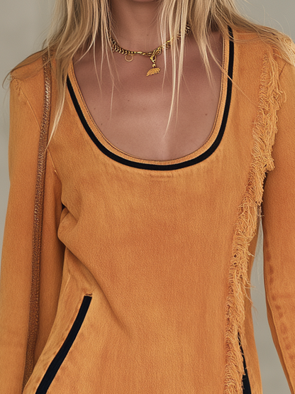 Boho Chic Mustard Frayed Fringe Scoop Neck Long Sleeve Denim Mini Dress