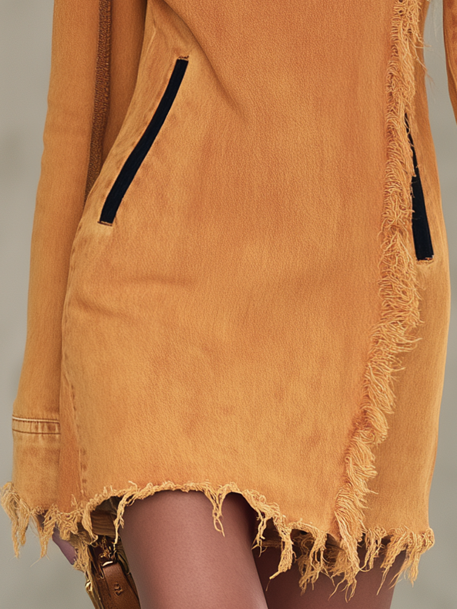 Boho Chic Mustard Frayed Fringe Scoop Neck Long Sleeve Denim Mini Dress