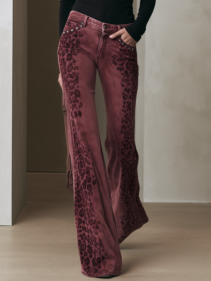 Retro Boho Burgundy Leopard Print Studded Pocket Low Rise Flare Jeans