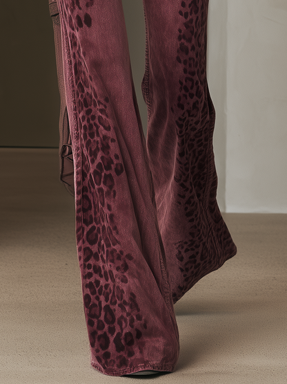 Retro Boho Burgundy Leopard Print Studded Pocket Low Rise Flare Jeans