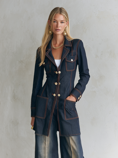 Vintage Chic Dark Rinse Contrast Stitch Double Breasted Longline Denim Blazer