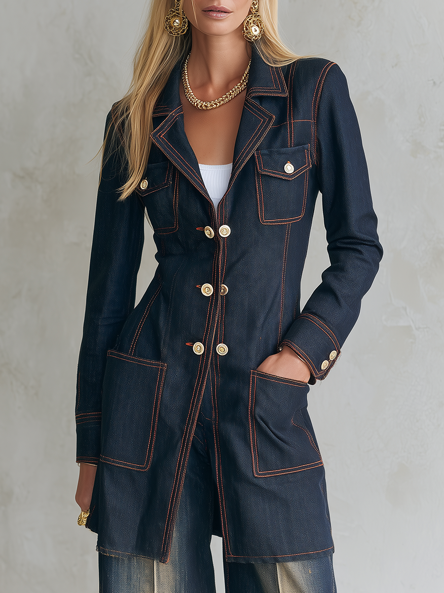 Vintage Chic Dark Rinse Contrast Stitch Double Breasted Longline Denim Blazer