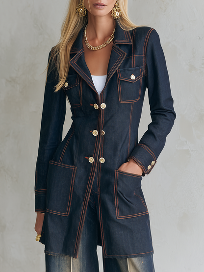 Vintage Chic Dark Rinse Contrast Stitch Double Breasted Longline Denim Blazer