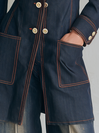 Vintage Chic Dark Rinse Contrast Stitch Double Breasted Longline Denim Blazer