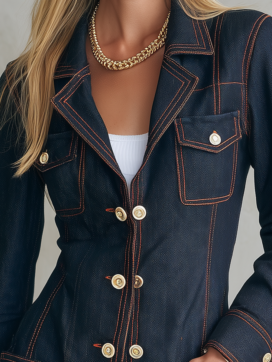 Vintage Chic Dark Rinse Contrast Stitch Double Breasted Longline Denim Blazer