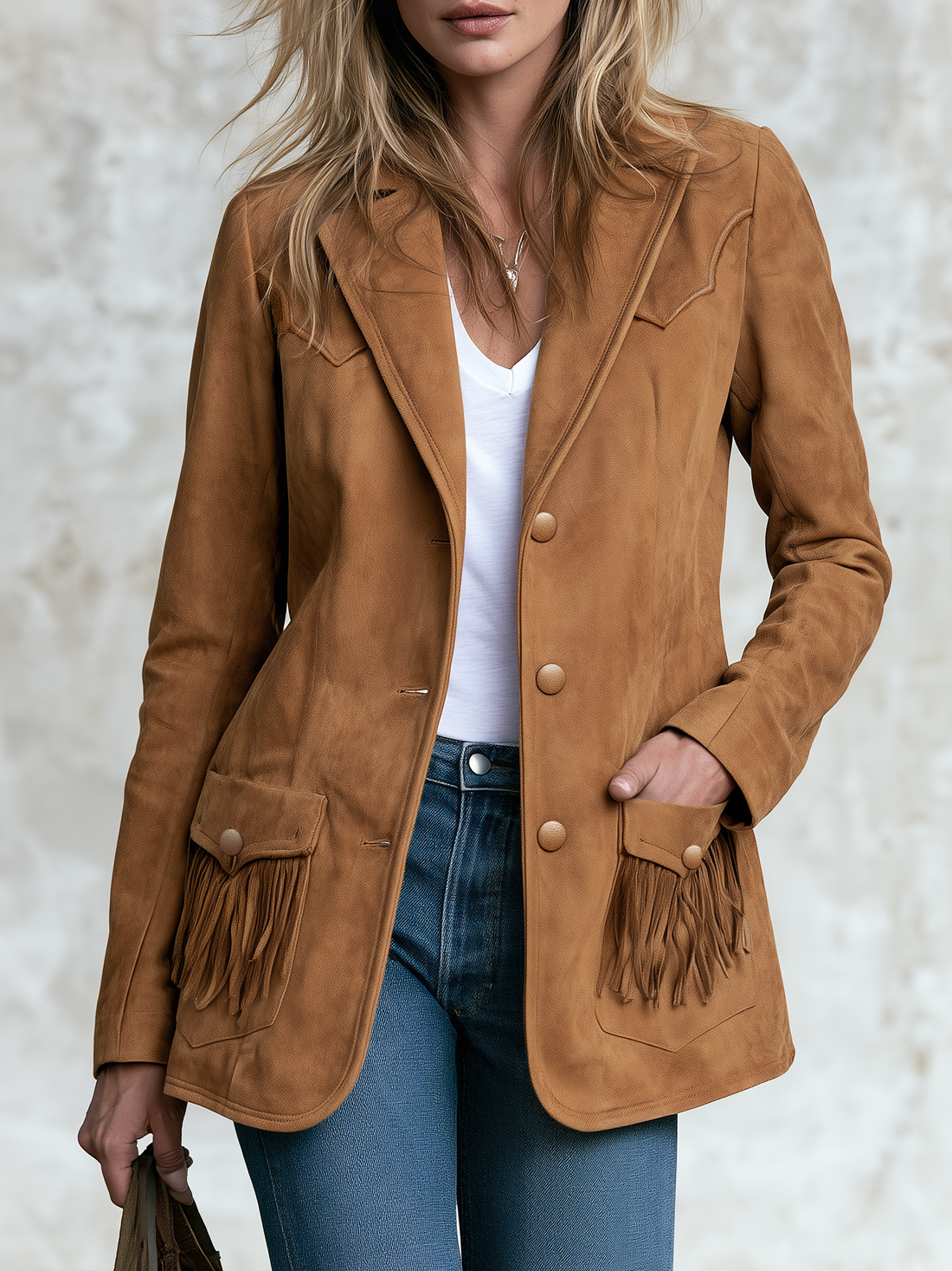 Retro Western Faux Suede Fringe Jacket With Notched Lapels And Pockets