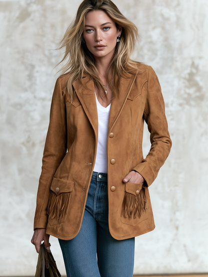 Retro Western Faux Suede Fringe Jacket With Notched Lapels And Pockets
