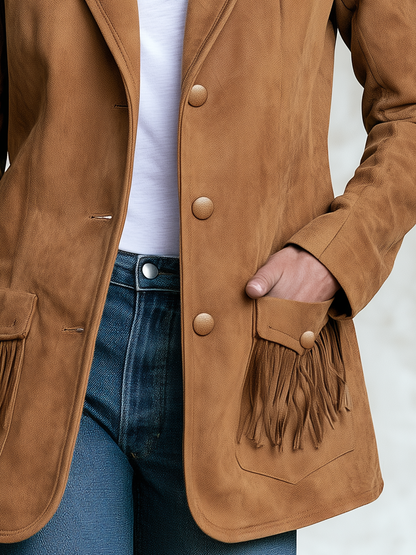 Retro Western Faux Suede Fringe Jacket With Notched Lapels And Pockets