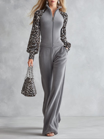 Stylish Gray Fleece Leopard-print Raglan-sleeve Jumpsuit