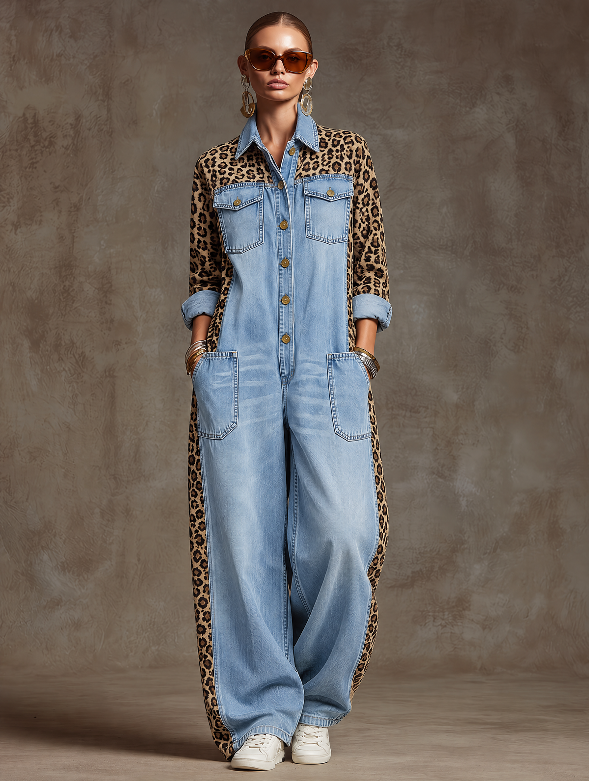 Loose-fitting Retro Leopard Print Patchwork Light Blue Denim Wide-leg Jumpsuit