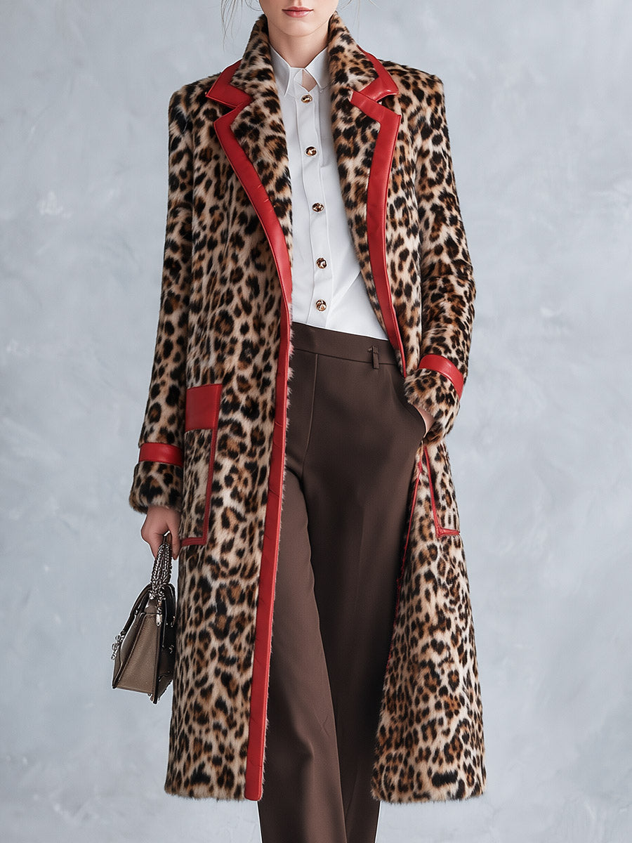 Chic Urban Faux-Leather Trimmed Leopard-Print Faux-Fur Coat