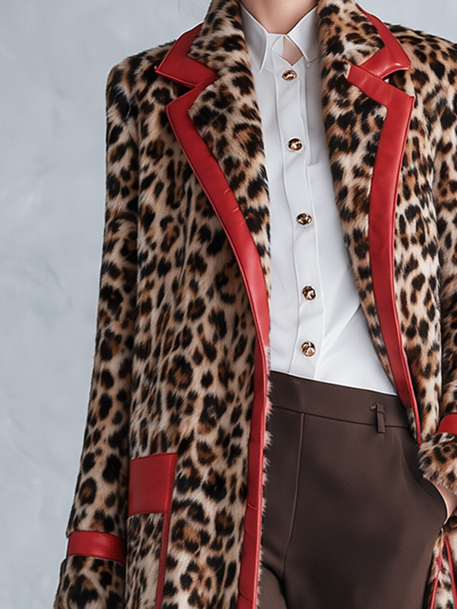 Chic Urban Faux-Leather Trimmed Leopard-Print Faux-Fur Coat