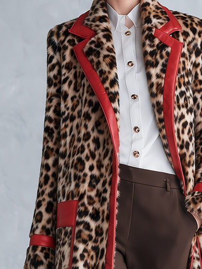 Chic Urban Faux-Leather Trimmed Leopard-Print Faux-Fur Coat