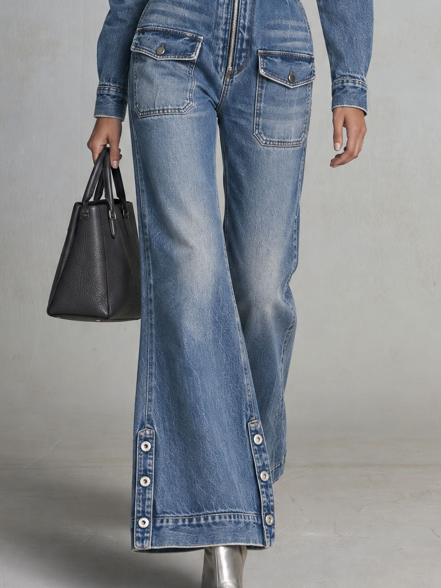 Fashionable Retro Washed Blue Collared Zippered Multi-pocket Denim Jumpsuit