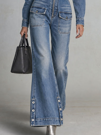 Fashionable Retro Washed Blue Collared Zippered Multi-pocket Denim Jumpsuit