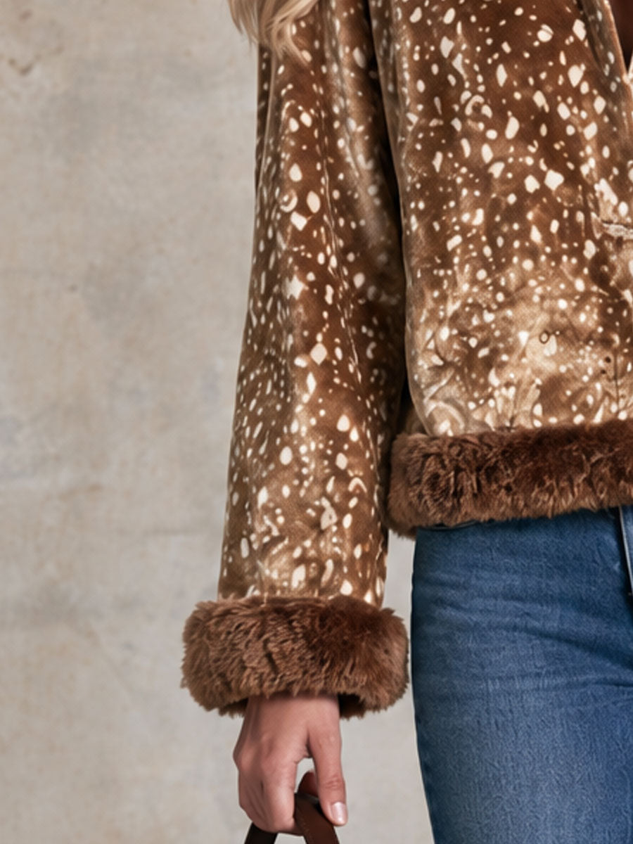 Stylish Retro Faux Fur Collar Brown Deer Print Velvet Jacket