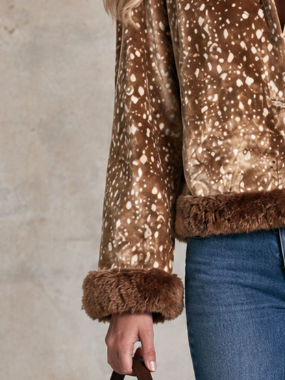 Stylish Retro Faux Fur Collar Brown Deer Print Velvet Jacket