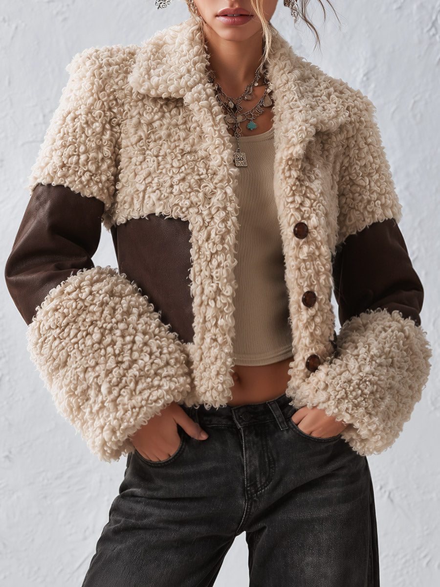 Stylish and Warm Cream and Brown Colorblock Cropped Faux Shearling Coat