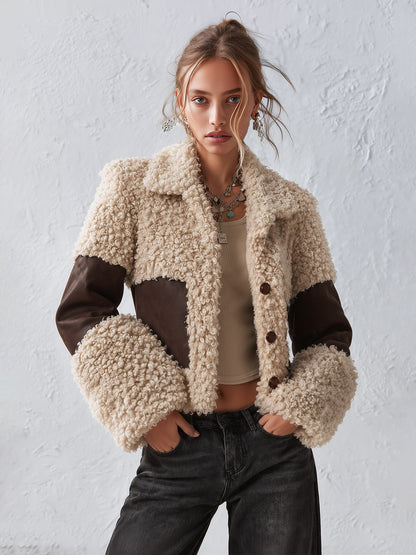 Stylish and Warm Cream and Brown Colorblock Cropped Faux Shearling Coat