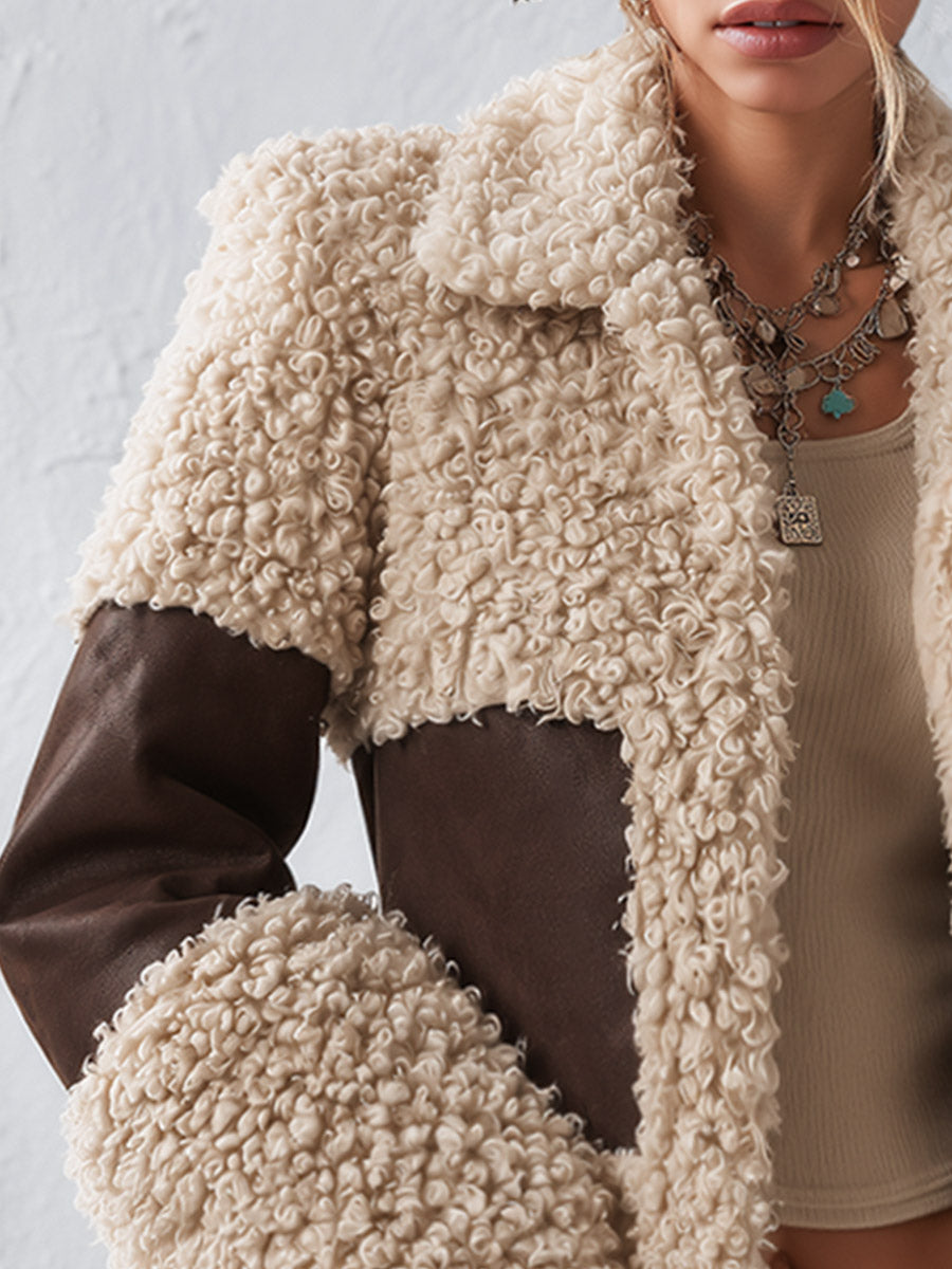 Stylish and Warm Cream and Brown Colorblock Cropped Faux Shearling Coat