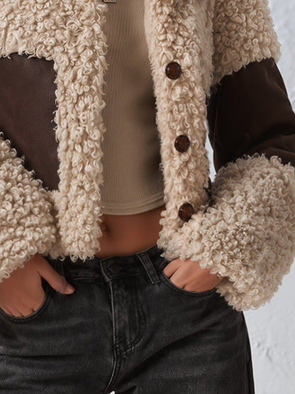 Stylish and Warm Cream and Brown Colorblock Cropped Faux Shearling Coat