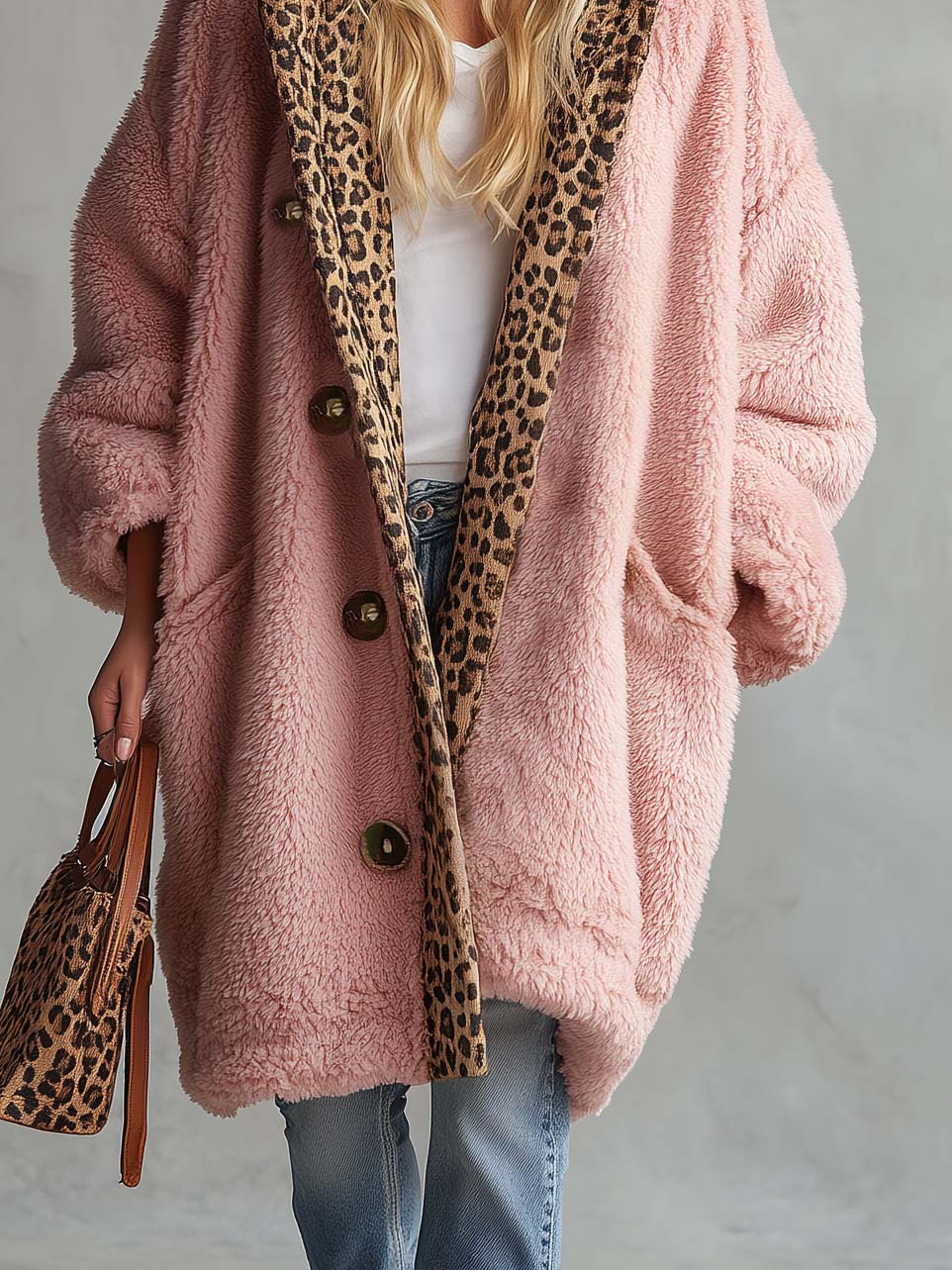 Casual Vintage Lazy Pink Leopard Trim Oversized Sherpa Fleece Hooded Teddy Coat