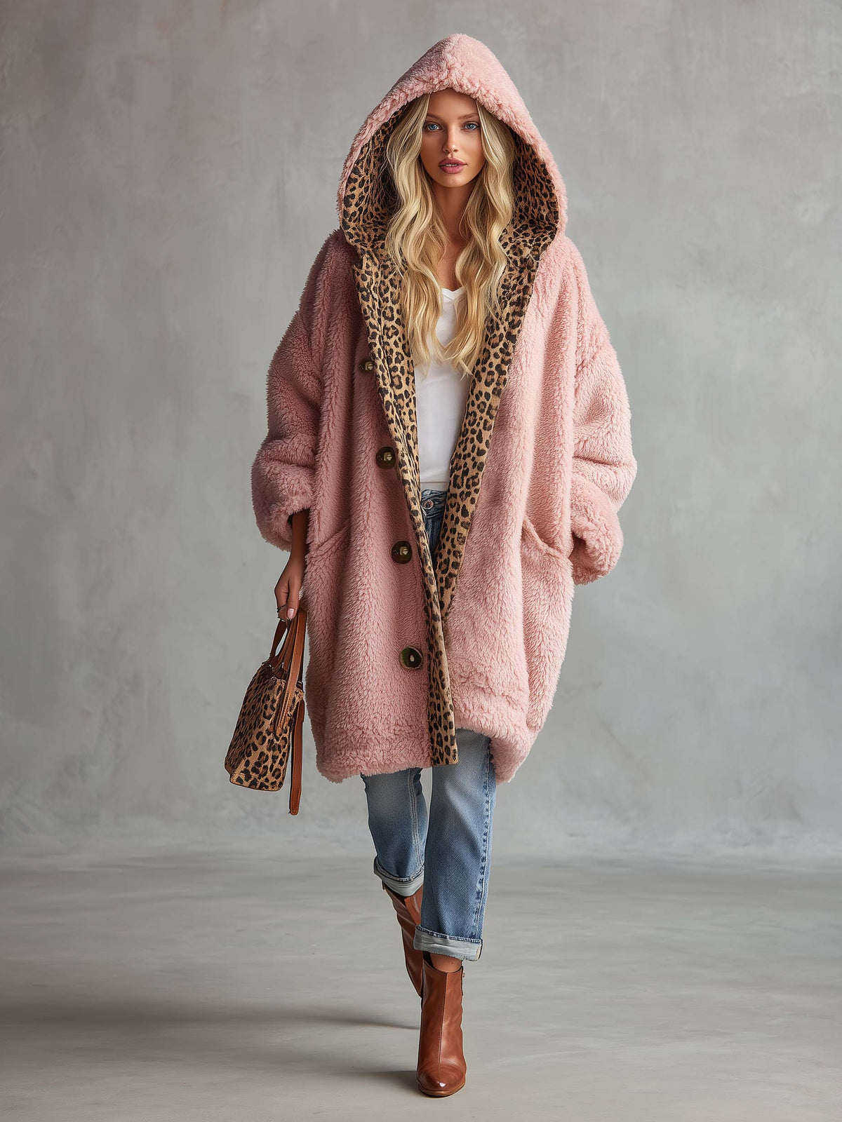 Casual Vintage Lazy Pink Leopard Trim Oversized Sherpa Fleece Hooded Teddy Coat