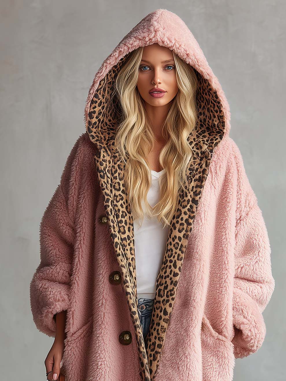 Casual Vintage Lazy Pink Leopard Trim Oversized Sherpa Fleece Hooded Teddy Coat