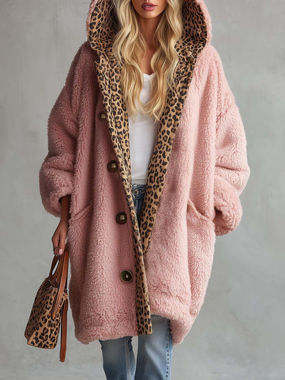 Casual Vintage Lazy Pink Leopard Trim Oversized Sherpa Fleece Hooded Teddy Coat