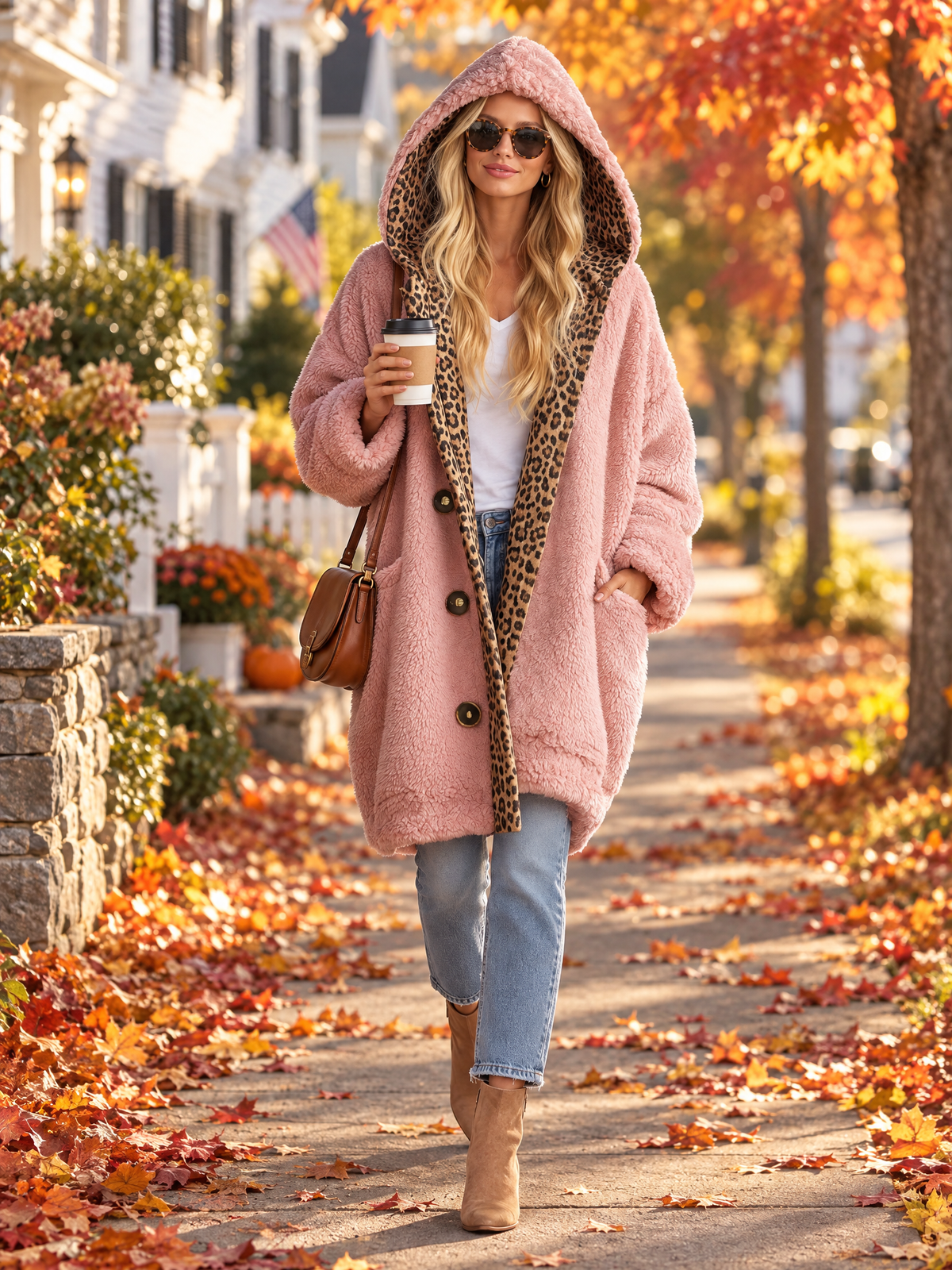 Casual Vintage Lazy Pink Leopard Trim Oversized Sherpa Fleece Hooded Teddy Coat