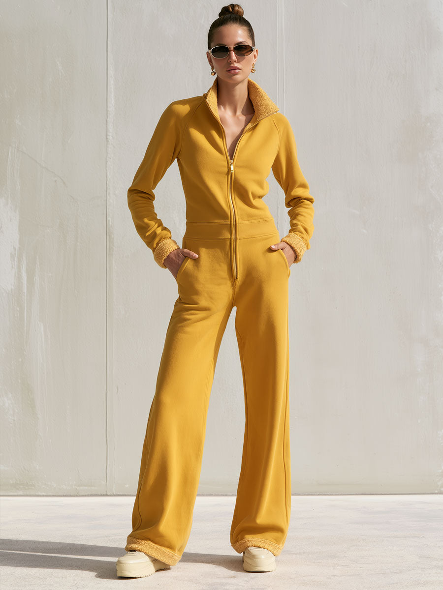 Casual And Stylish Yellow Cotton Fleece Zip-up Jumpsuit