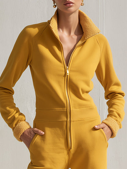 Casual And Stylish Yellow Cotton Fleece Zip-up Jumpsuit