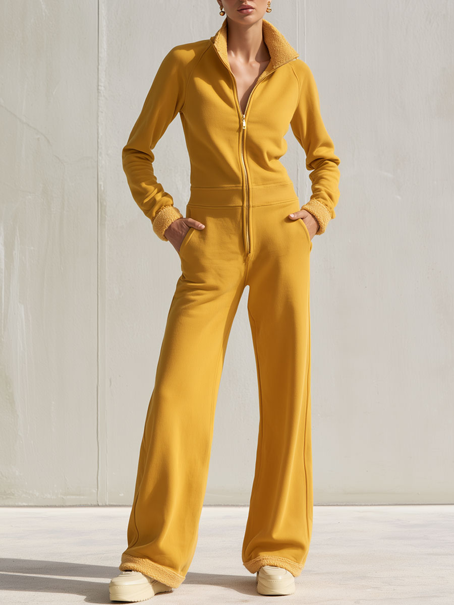 Casual And Stylish Yellow Cotton Fleece Zip-up Jumpsuit