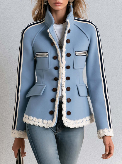 Vintage Military Blue Double-Breasted Stand Collar Striped Sleeve Fringe Trim Fitted Band Jacket