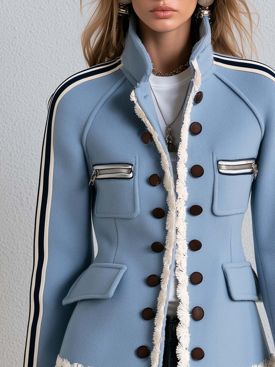 Vintage Military Blue Double-Breasted Stand Collar Striped Sleeve Fringe Trim Fitted Band Jacket