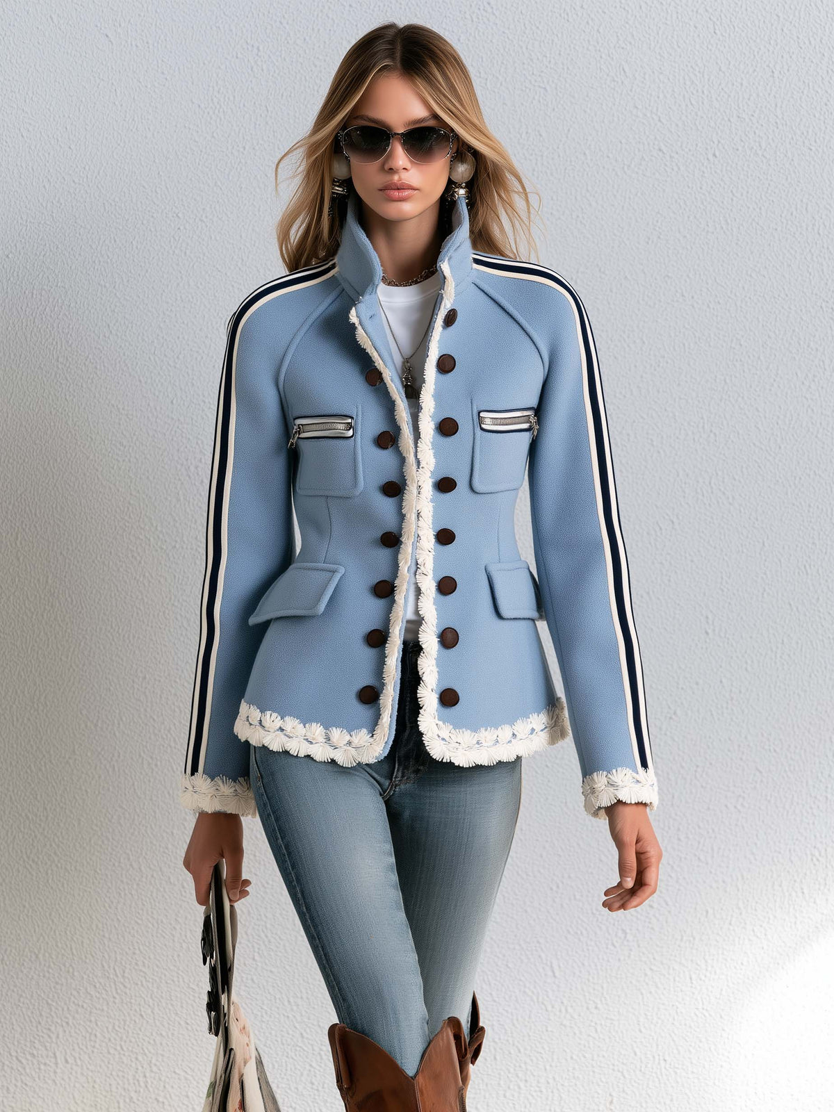 Vintage Military Blue Double-Breasted Stand Collar Striped Sleeve Fringe Trim Fitted Band Jacket
