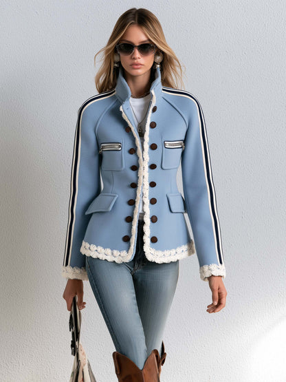 Vintage Military Blue Double-Breasted Stand Collar Striped Sleeve Fringe Trim Fitted Band Jacket