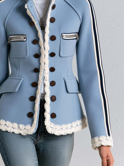 Vintage Military Blue Double-Breasted Stand Collar Striped Sleeve Fringe Trim Fitted Band Jacket