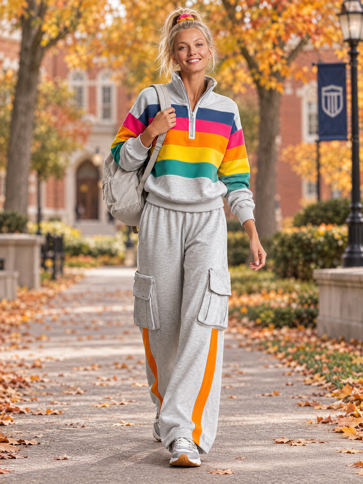 Retro Rainbow Striped Quarter Zip Sweatshirt Cargo Wide Leg Sweatpants Two Piece Set