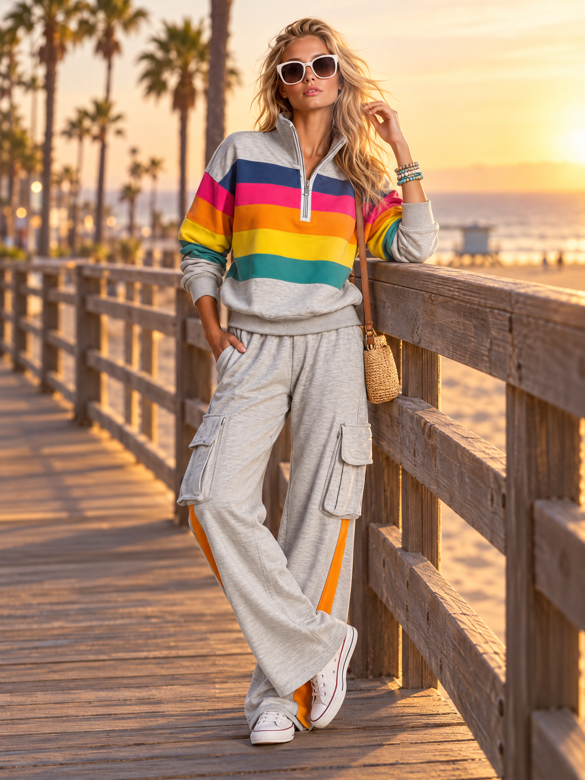 Retro Rainbow Striped Quarter Zip Sweatshirt Cargo Wide Leg Sweatpants Two Piece Set