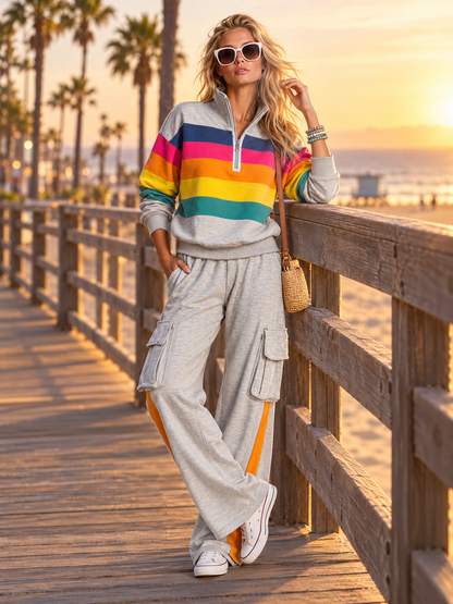 Retro Rainbow Striped Quarter Zip Sweatshirt Cargo Wide Leg Sweatpants Two Piece Set