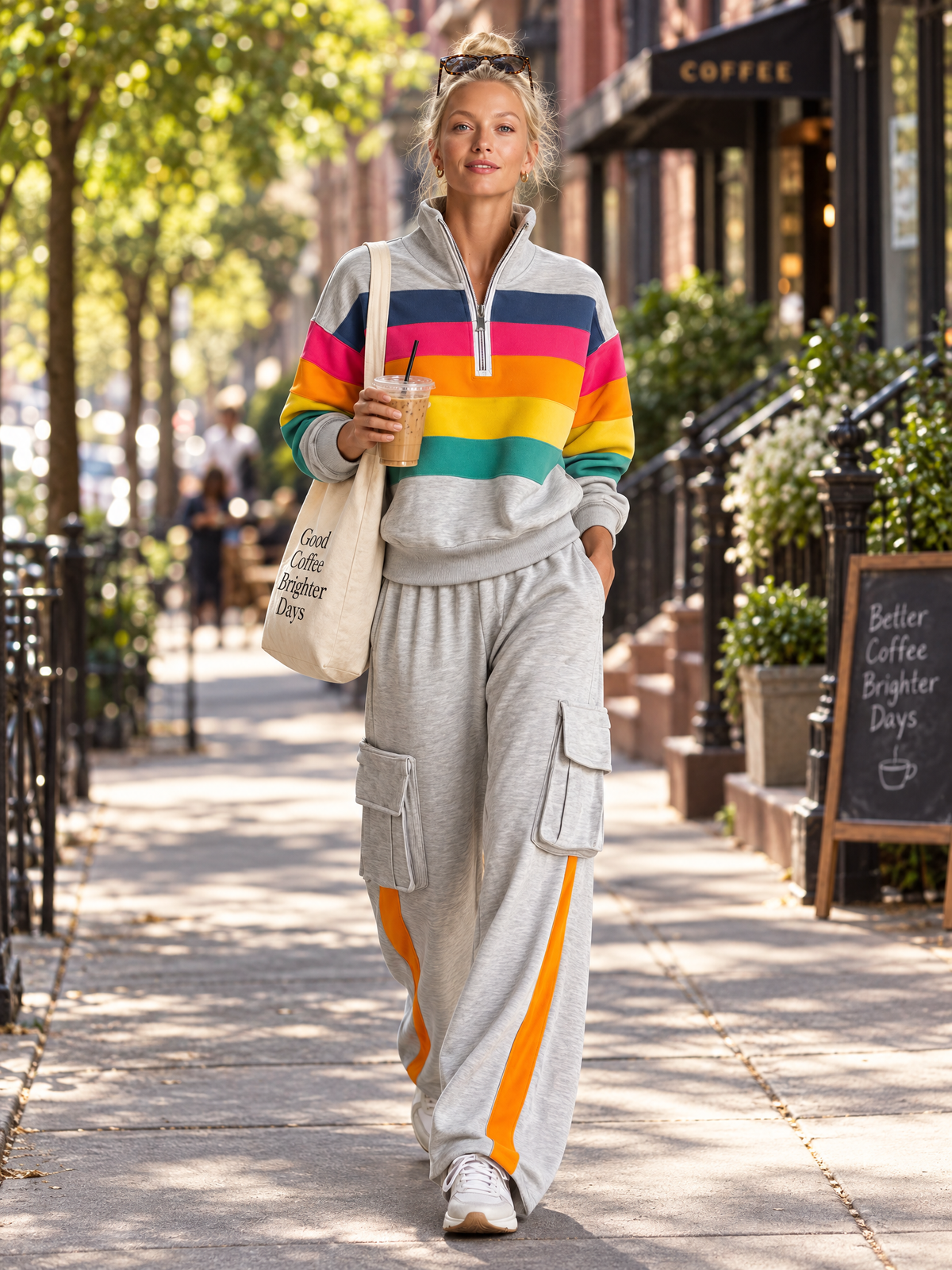 Retro Rainbow Striped Quarter Zip Sweatshirt Cargo Wide Leg Sweatpants Two Piece Set